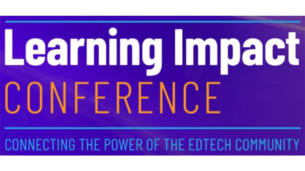 Graphic with the words Learning Impact Conference on a dynamic purple background