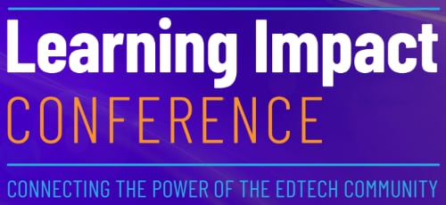 Graphic with the words Learning Impact Conference on a dynamic purple background