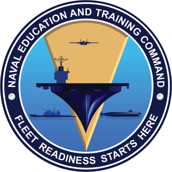 NEATC Logo with an aircraft carrier in the middle, and on the outside the words written within the circle: Naval Education and Training Command, Fleet Readiness Starts Here