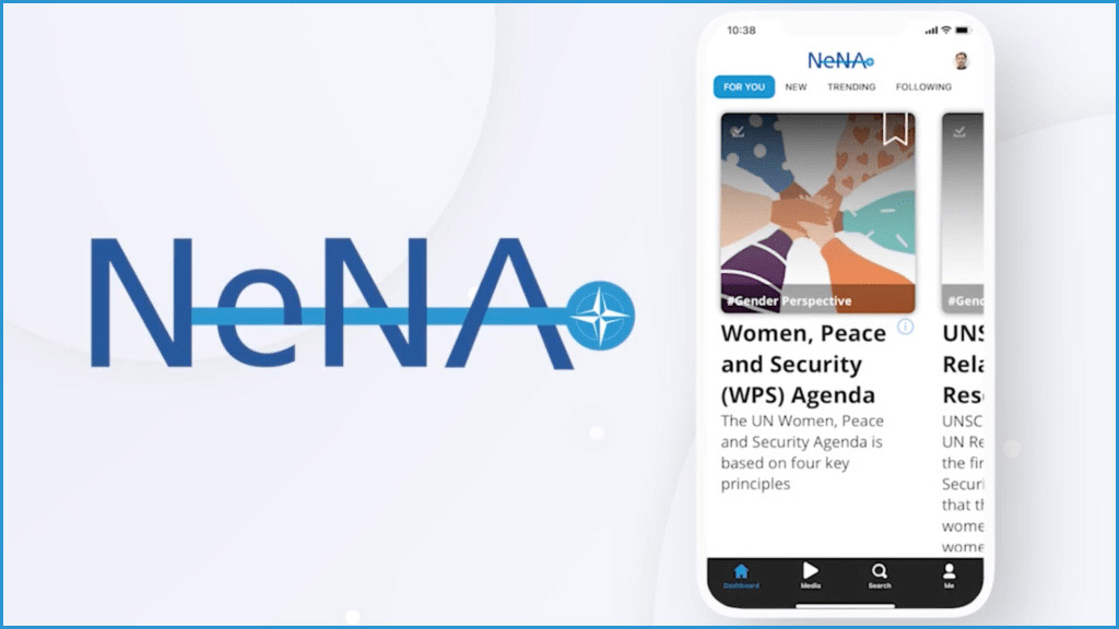 Graphic with NeNA logo and phone with NENA application training interface screenshot