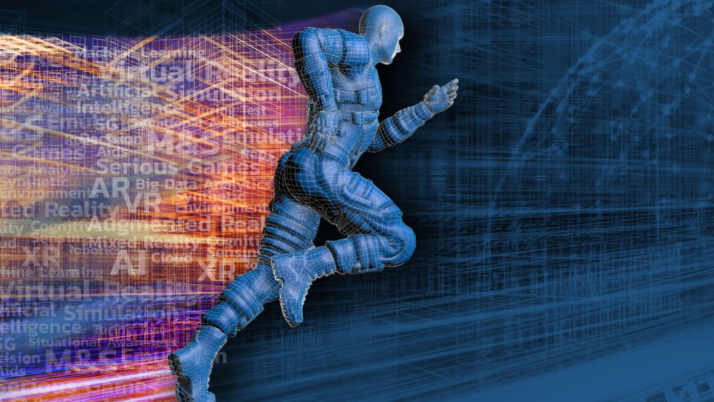 Graphic with 3-d computerized person running