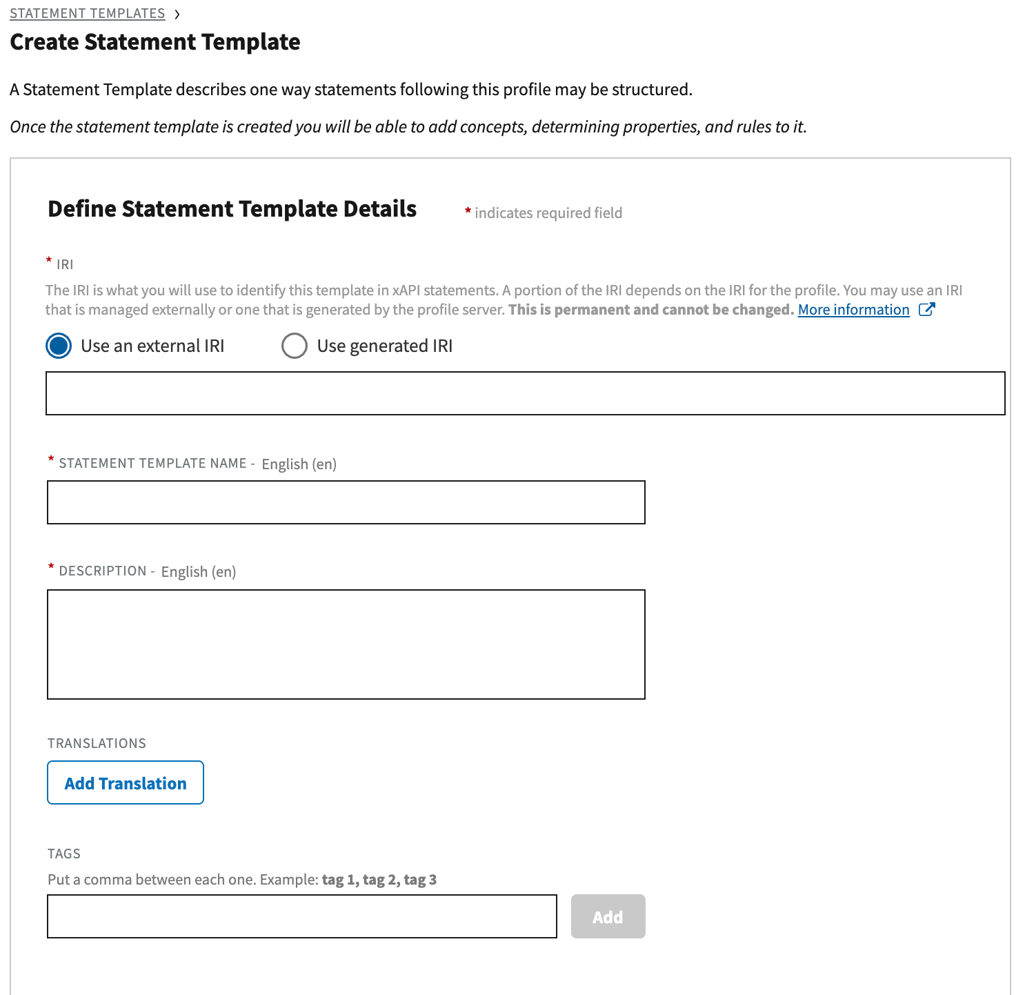 Screenshot of the form for creating statement template