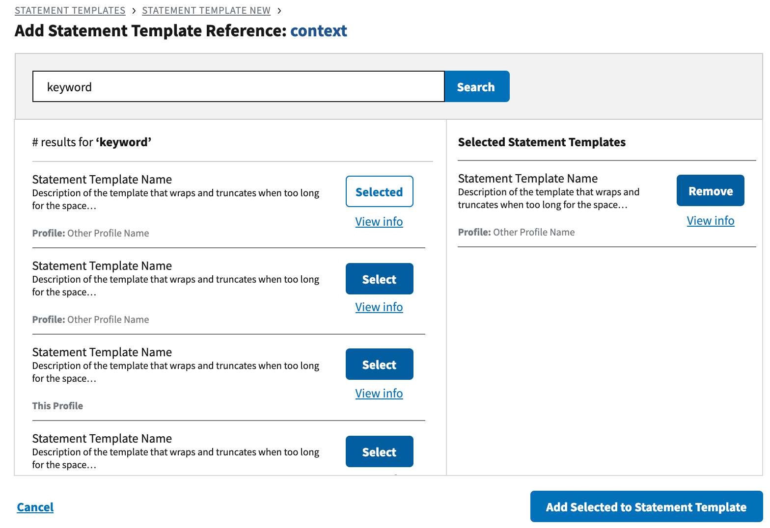 Screenshot of adding statement template reference