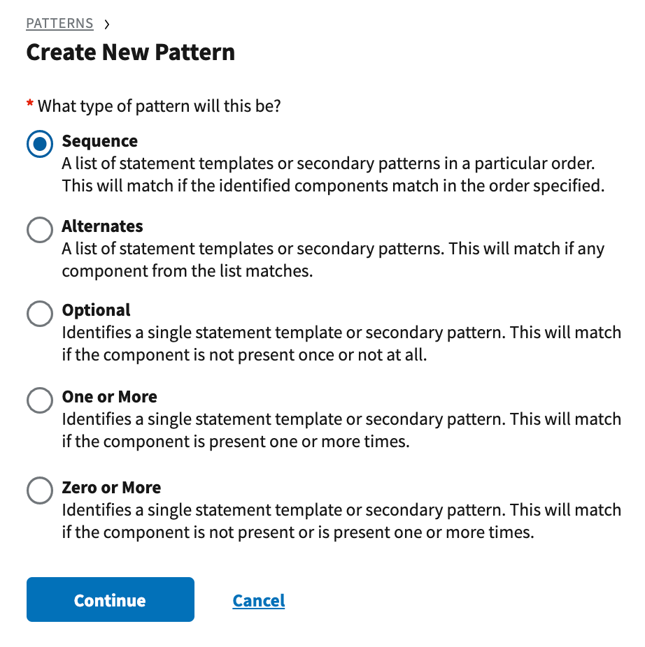 Screenshot of creating a new pattern by selecting a pattern type