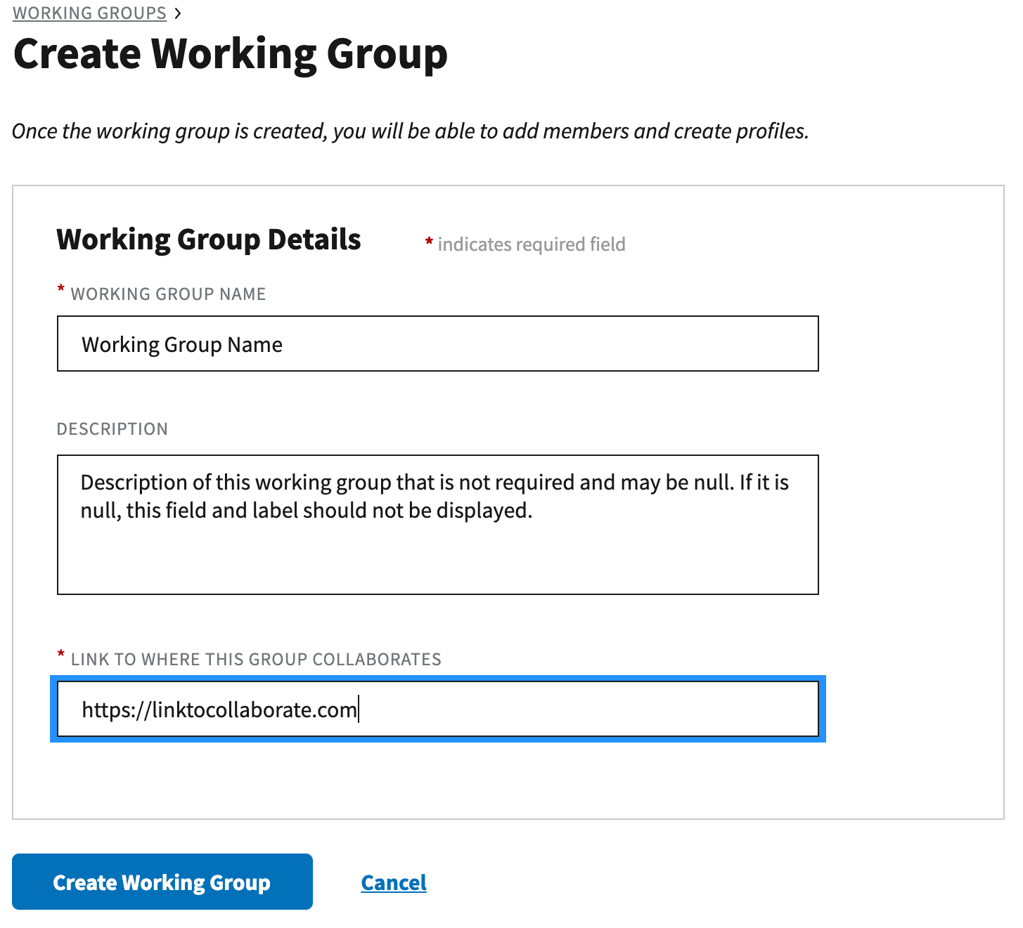 Screenshot of creating a working group